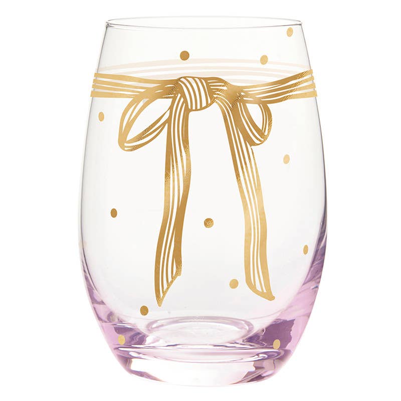 Gold Foil Stemless Wine Glass - Lilac Bow: 17oz, 4.5" H