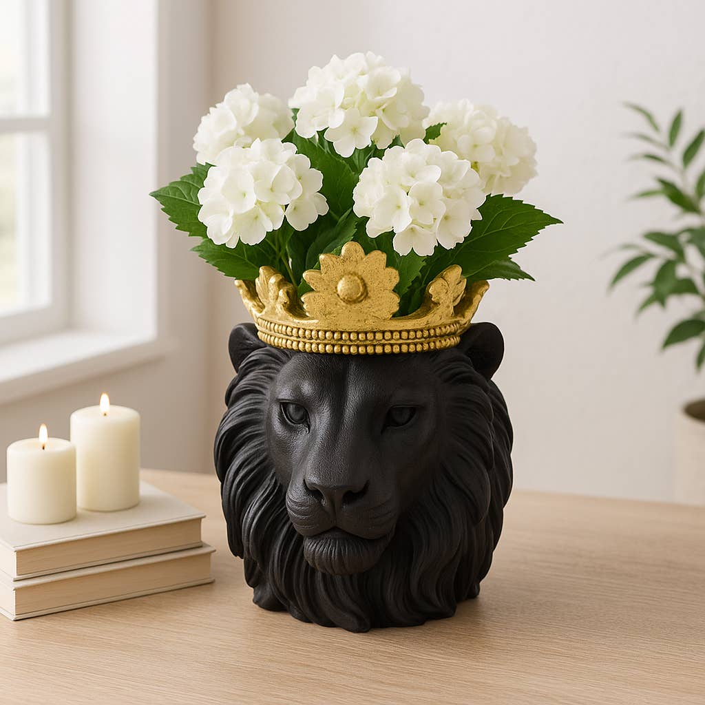 Resin Regal Lion Head Planter with Crown - Black, 9 in.