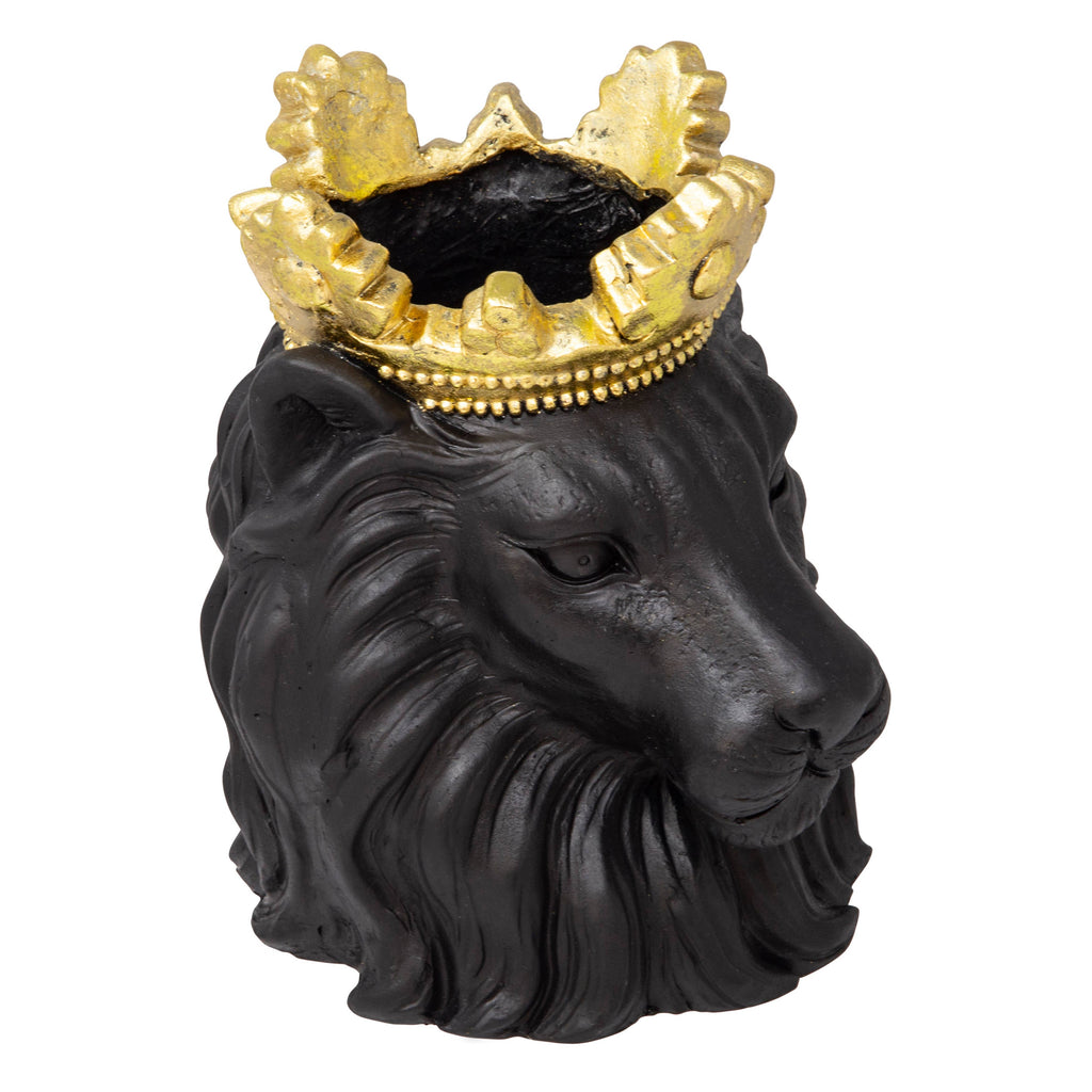 Resin Regal Lion Head Planter with Crown - Black, 9 in.