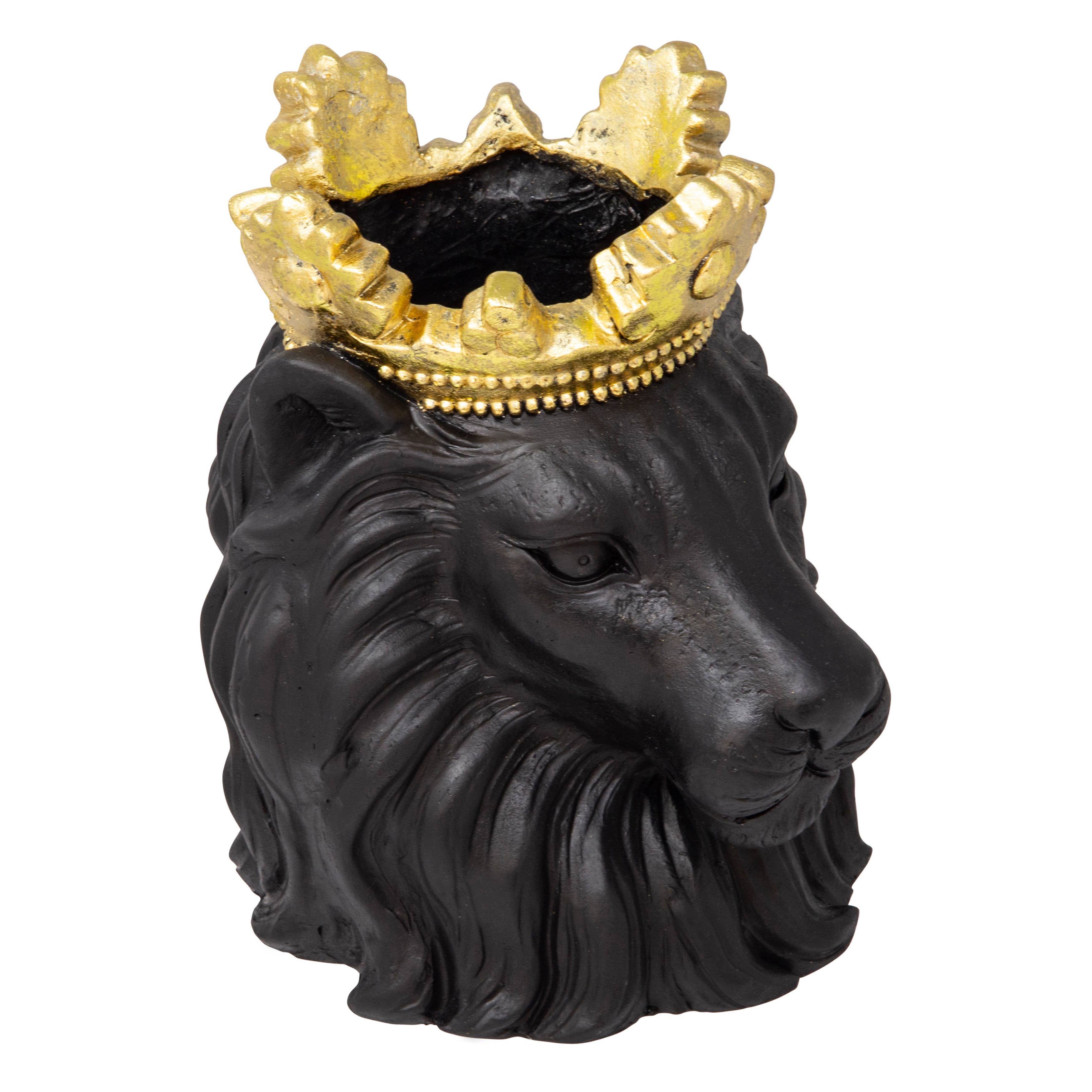 Resin Regal Lion Head Planter with Crown - Black, 9 in.