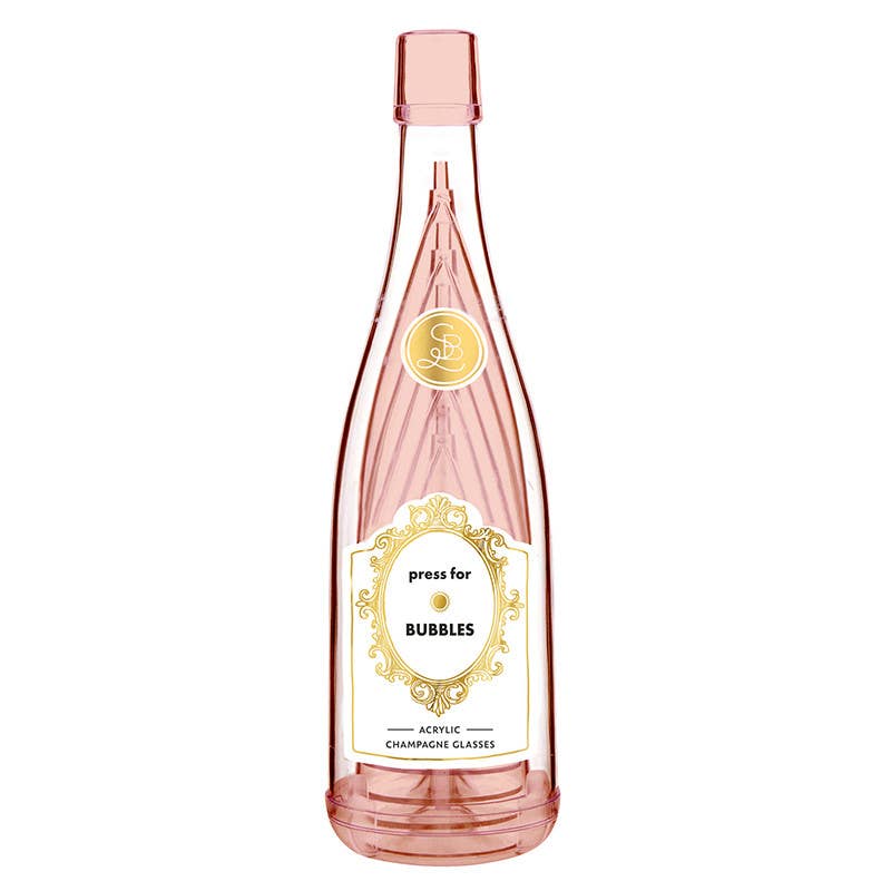 Acrylic Champagne Bottle + Glasses - Press For Bubbles: Bottle: 11.5" H x 3.25" Dia, Champagne Glass: 6" H, 6oz