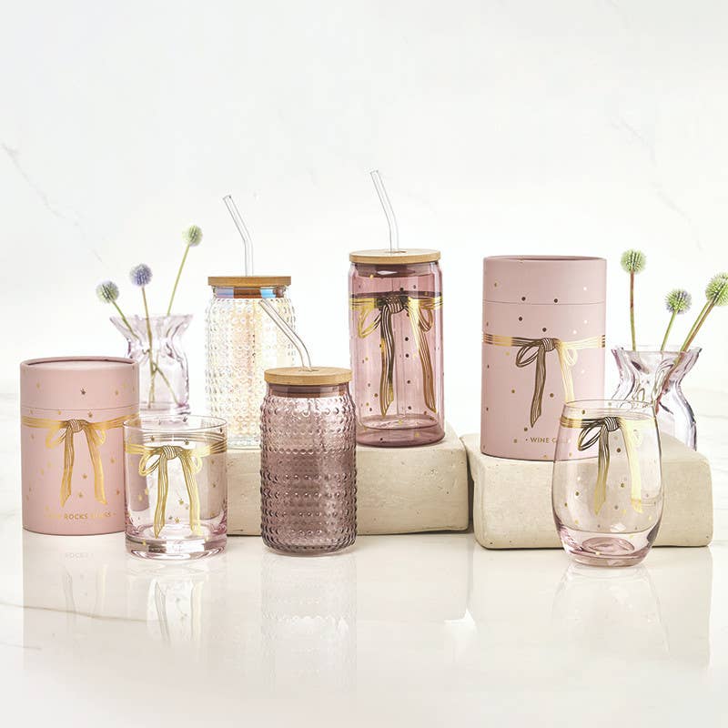 Gold Foil Stemless Wine Glass - Lilac Bow: 17oz, 4.5" H