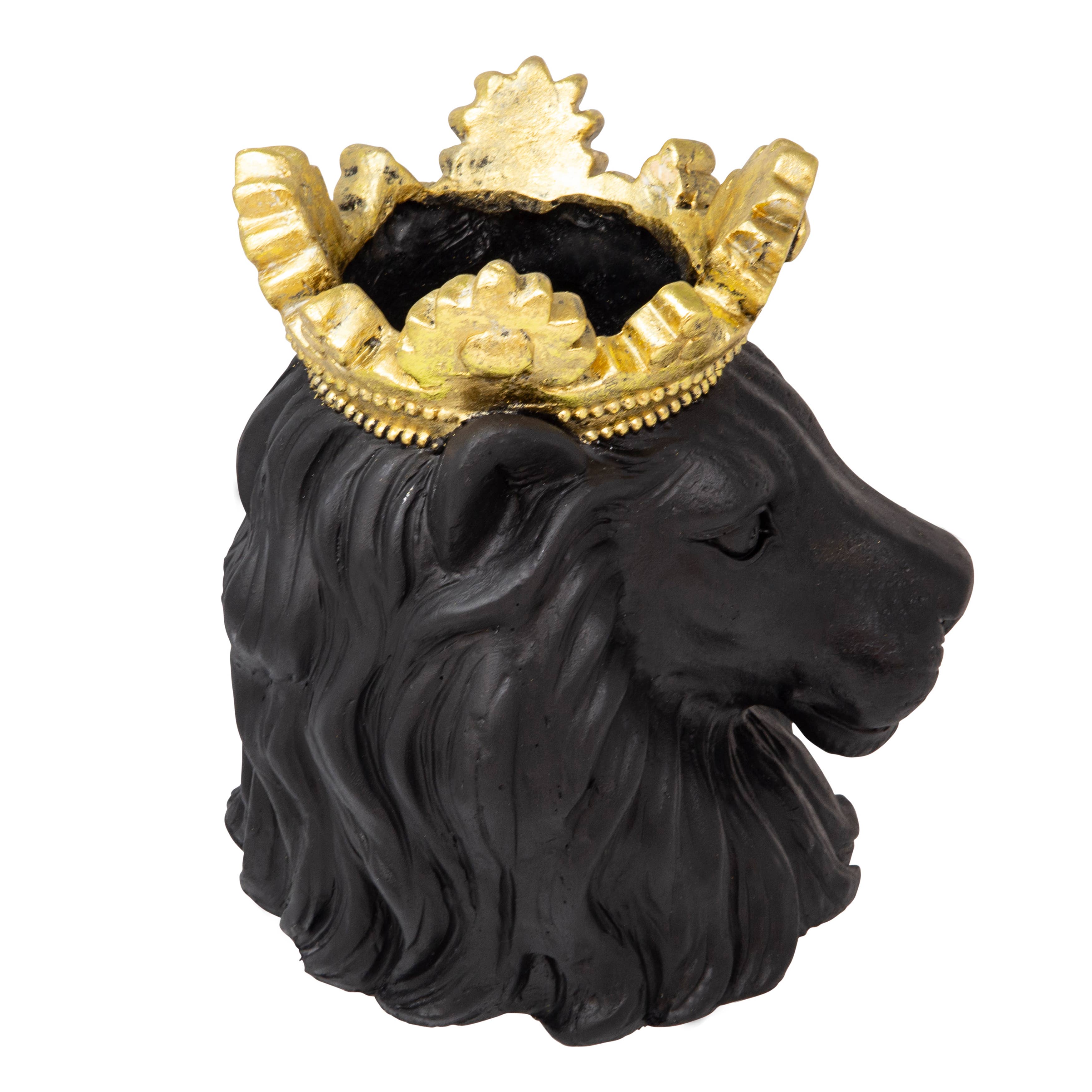 Resin Regal Lion Head Planter with Crown - Black, 9 in.