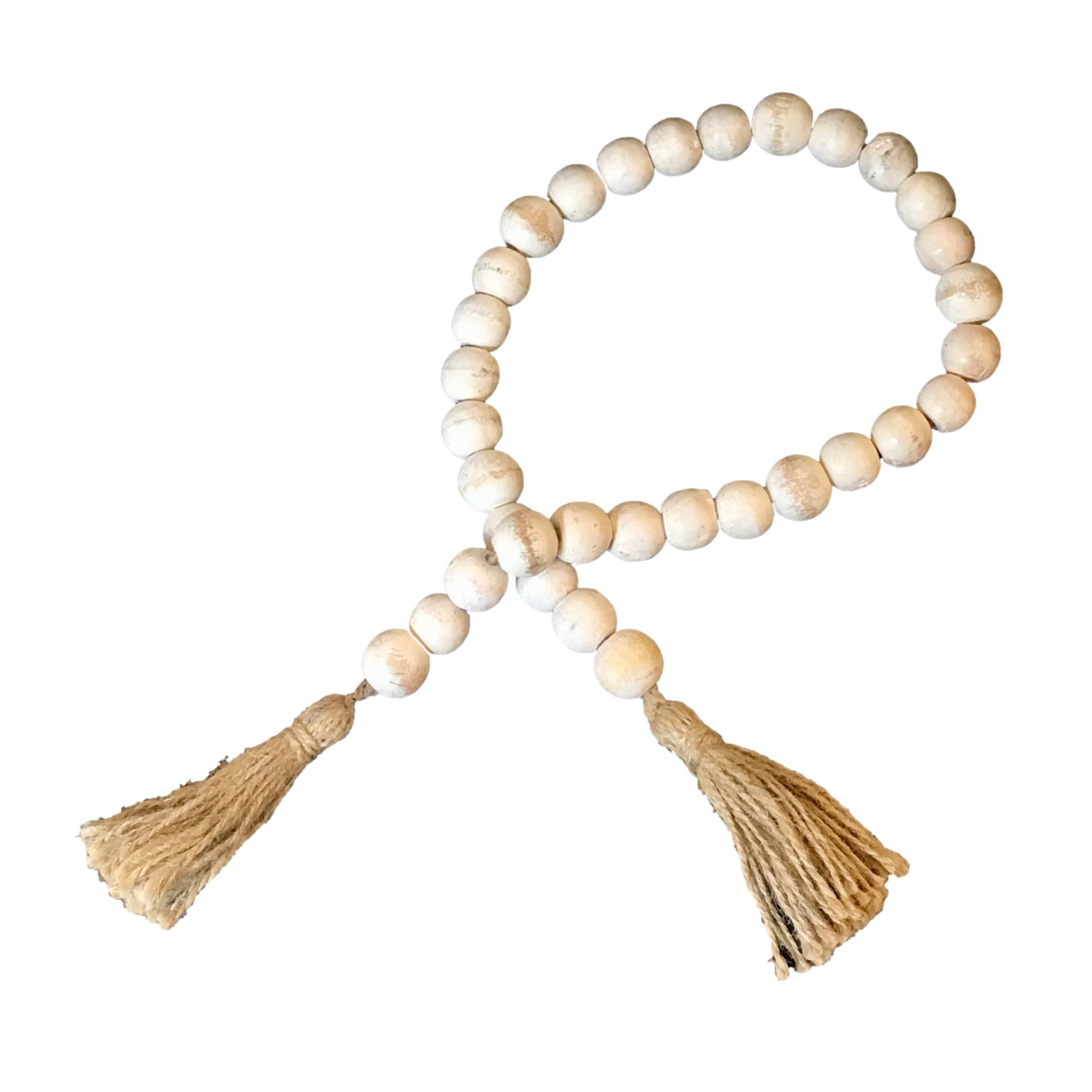 Wooden Boho Bead Garland with Natural Jute Tassels-Whitewash: White Washed