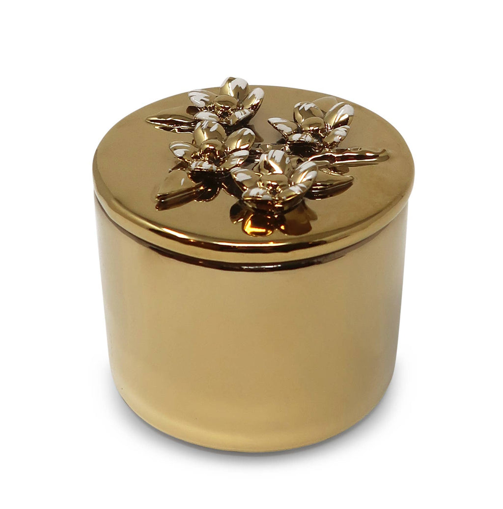 Round Gold Decorative Box With Flower Design Lid: Center Flower
