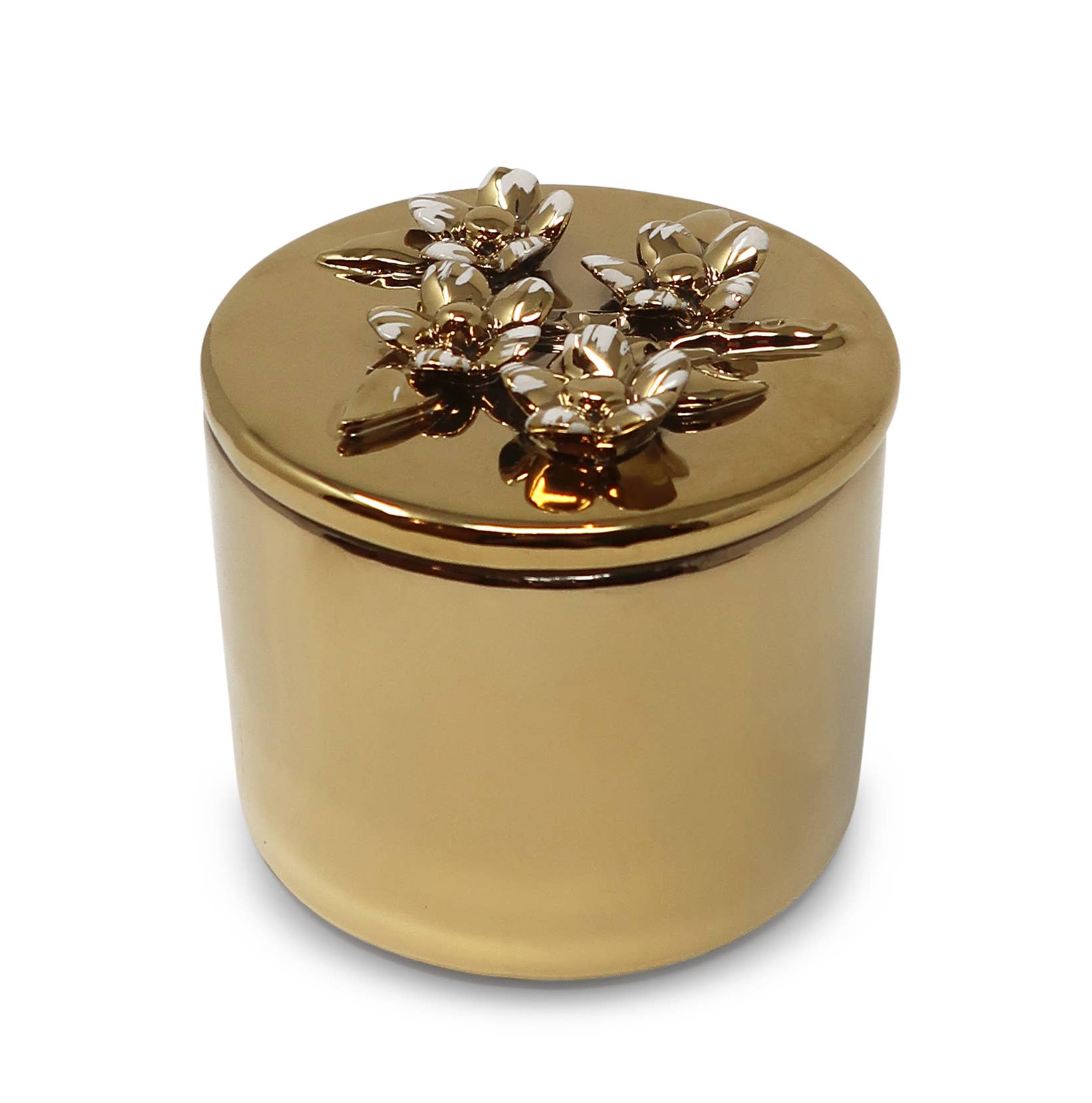 Round Gold Decorative Box With Flower Design Lid: Center Flower