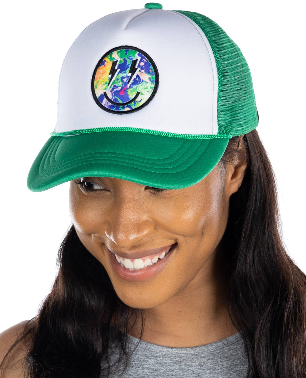 Adult Foam Trucker Hat - Multicolor Smiley - Green/White