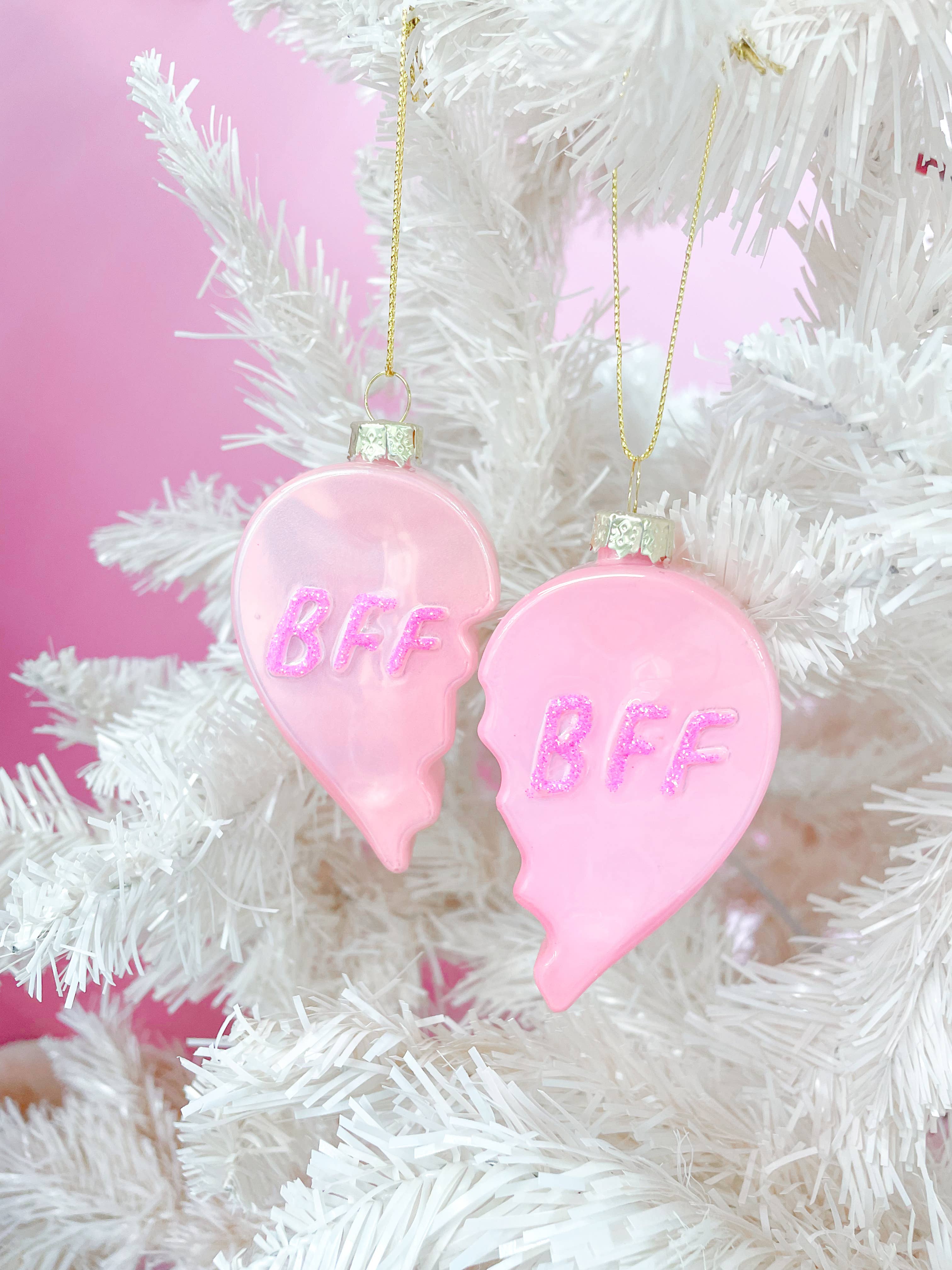 BFF Heart Christmas Glass Ornament with Glitter  2 piece Set