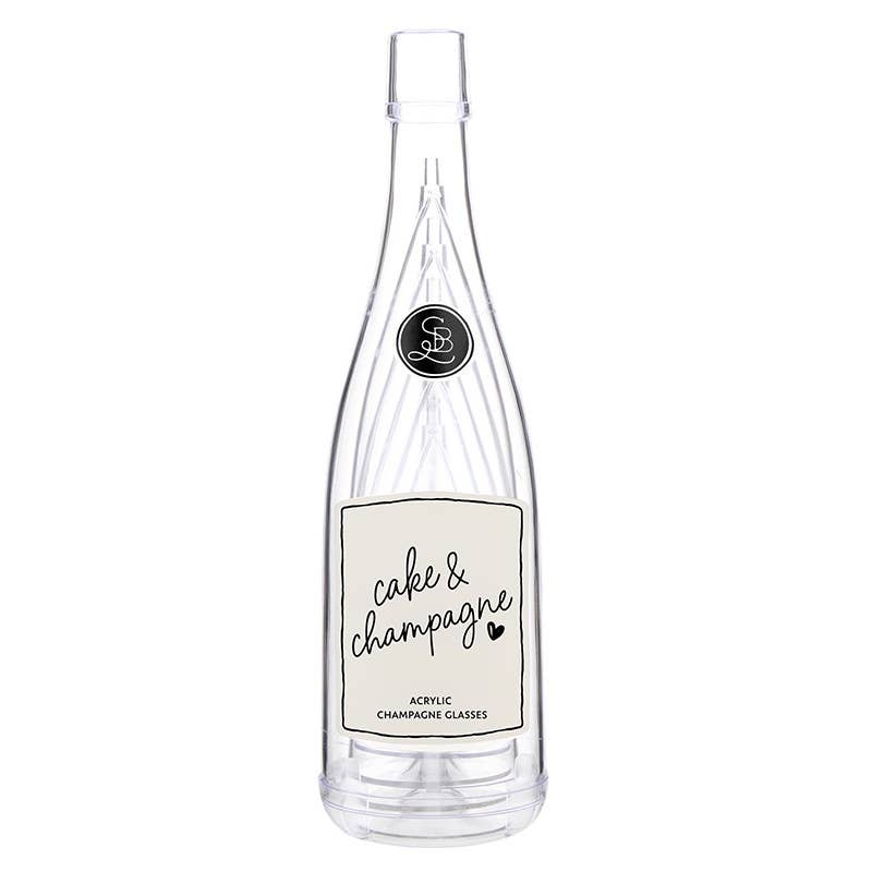 Acrylic Champagne in Bottle + Glasses - Cake and Champagne: Bottle: 11.5" H x 3.25" Dia ,  Wine Glass: 6" H ,  6oz