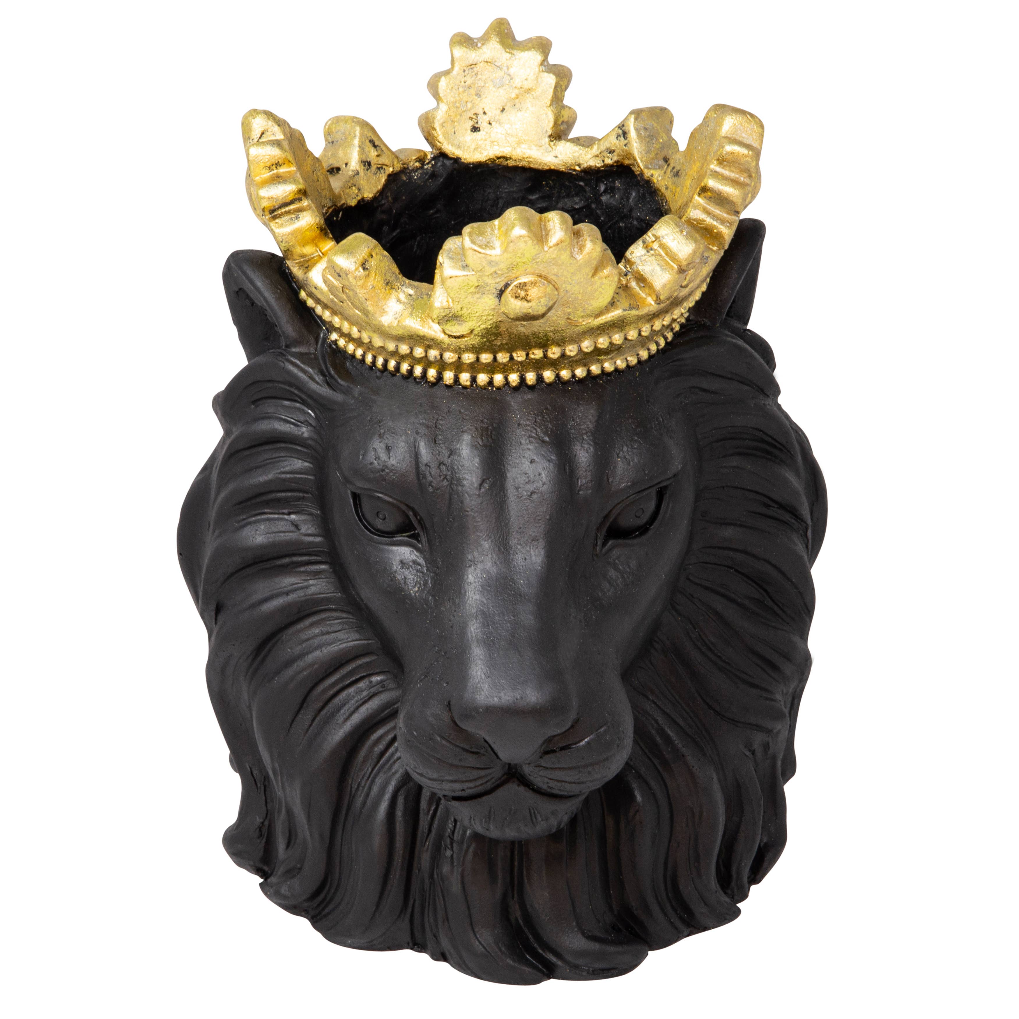 Resin Regal Lion Head Planter with Crown - Black, 9 in.