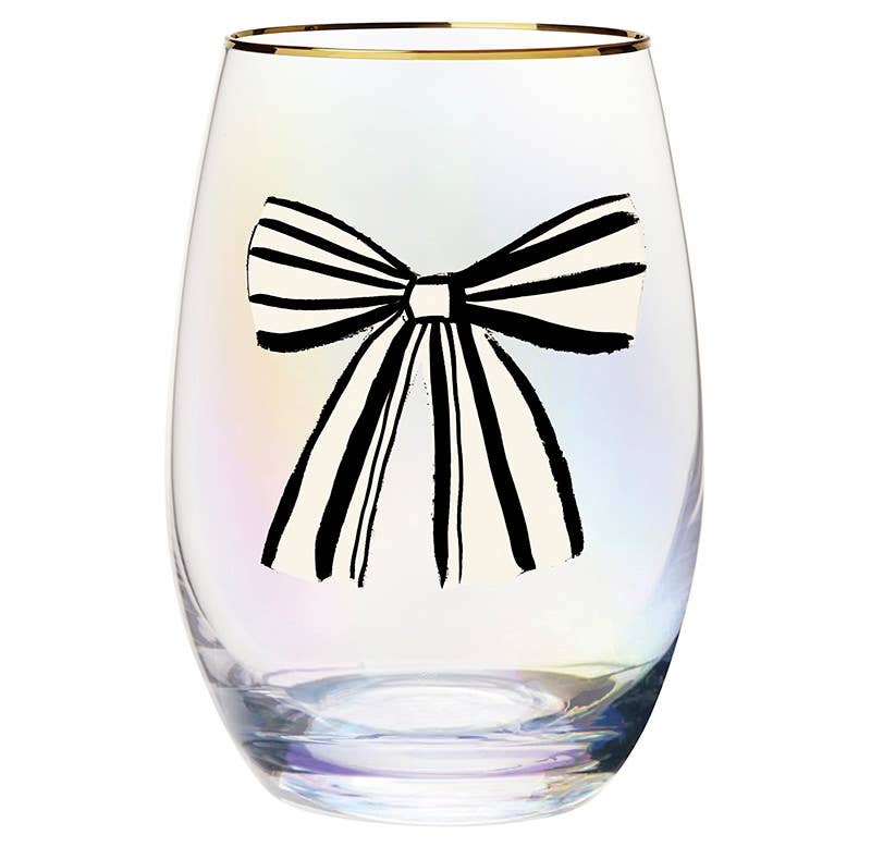 Gold Foil Stemless Wine Glass - Birthday Bow: 17oz, 4.5" H