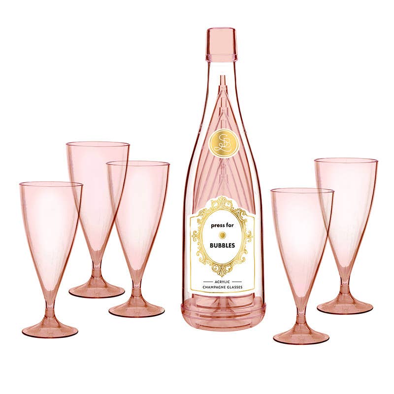 Acrylic Champagne Bottle + Glasses - Press For Bubbles: Bottle: 11.5" H x 3.25" Dia, Champagne Glass: 6" H, 6oz