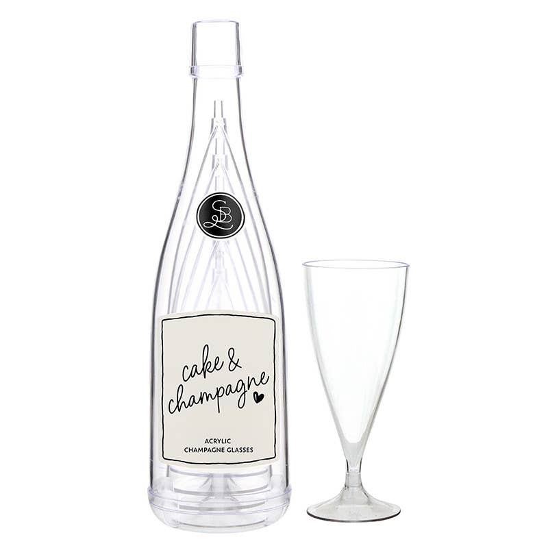 Acrylic Champagne in Bottle + Glasses - Cake and Champagne: Bottle: 11.5" H x 3.25" Dia ,  Wine Glass: 6" H ,  6oz