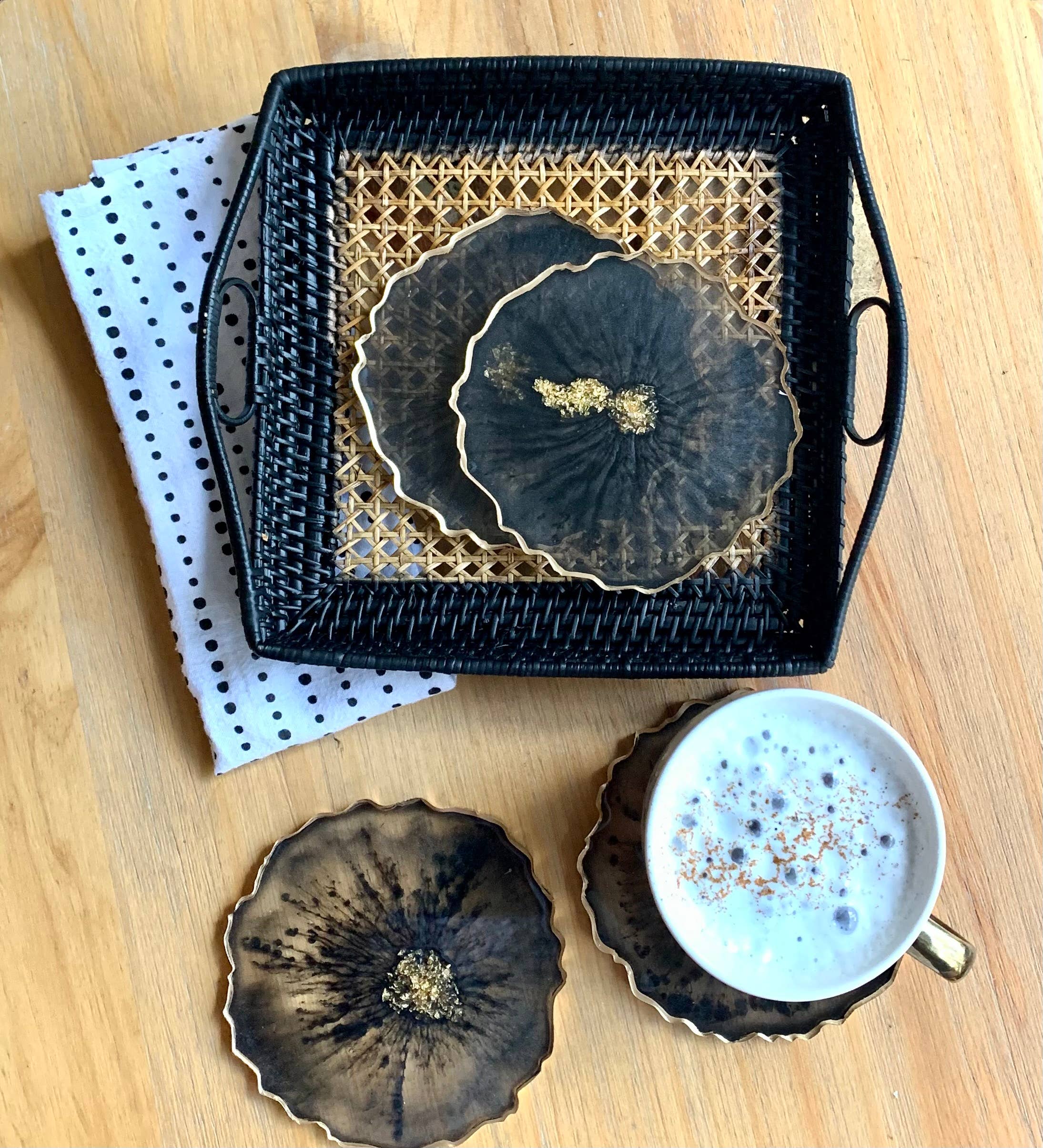 Black and Gold Round Geode Coasters