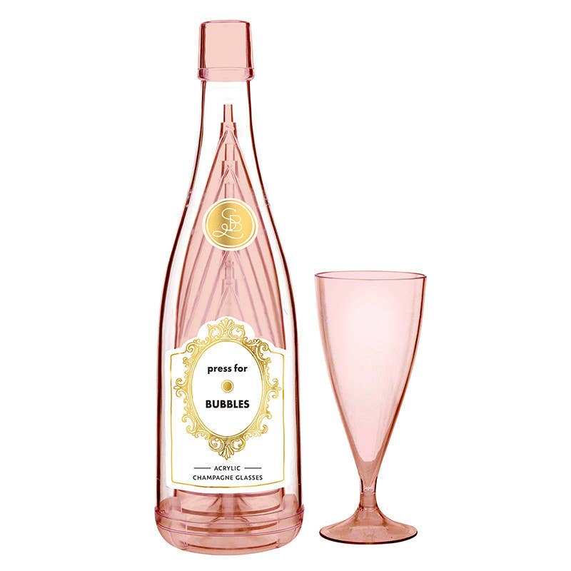 Acrylic Champagne Bottle + Glasses - Press For Bubbles: Bottle: 11.5" H x 3.25" Dia, Champagne Glass: 6" H, 6oz