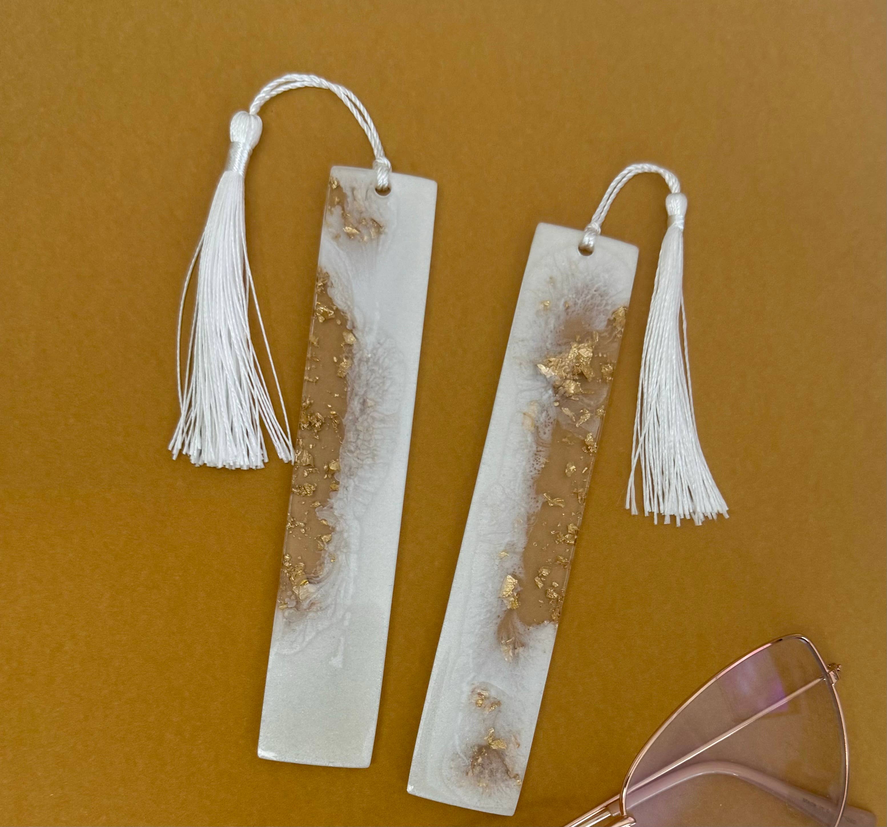 White and Gold Marble Resin Bookmark with White Tassel