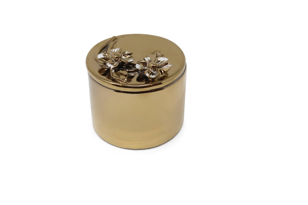 Round Gold Decorative Box With Flower Design Lid: Center Flower