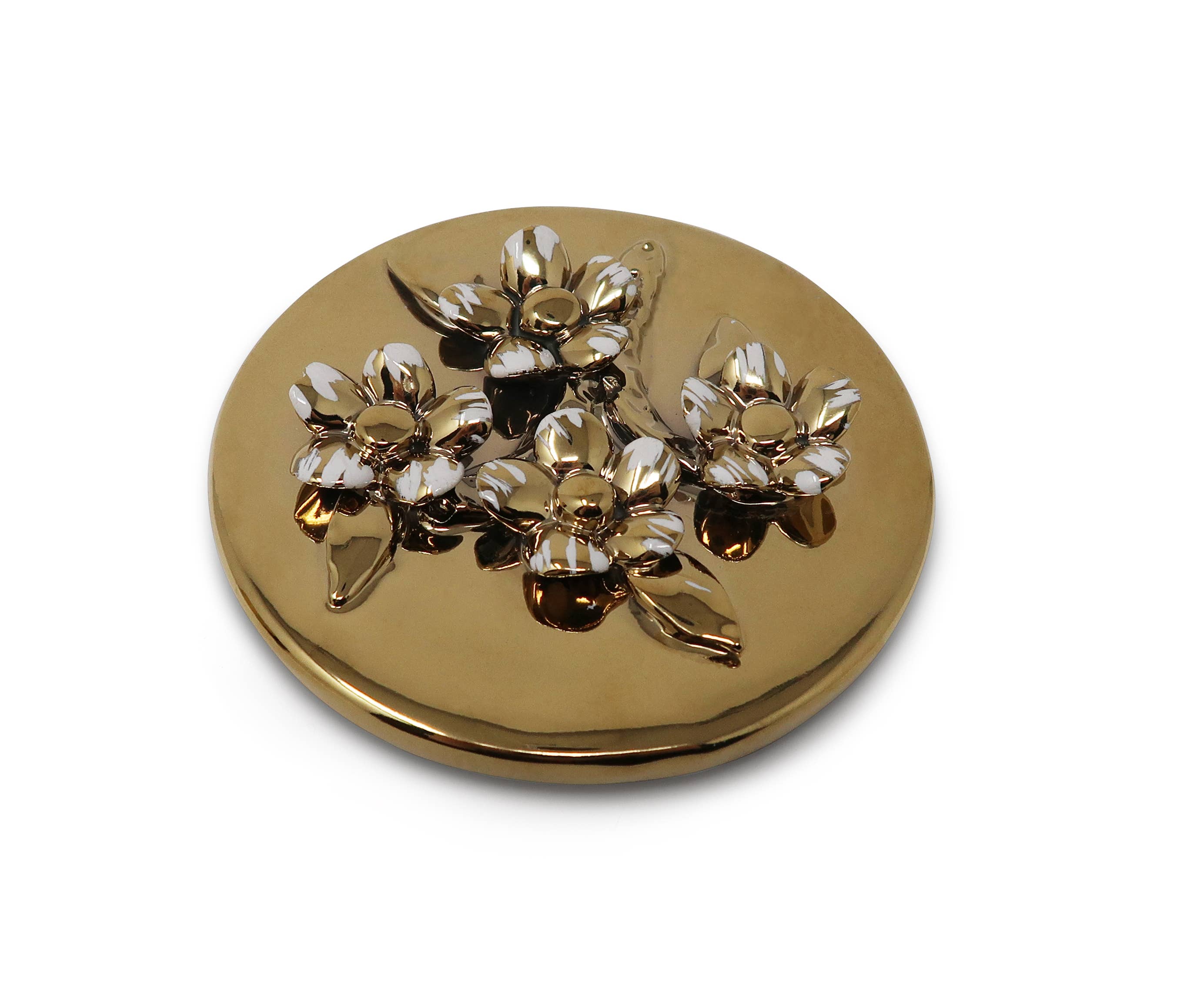 Round Gold Decorative Box With Flower Design Lid: Center Flower