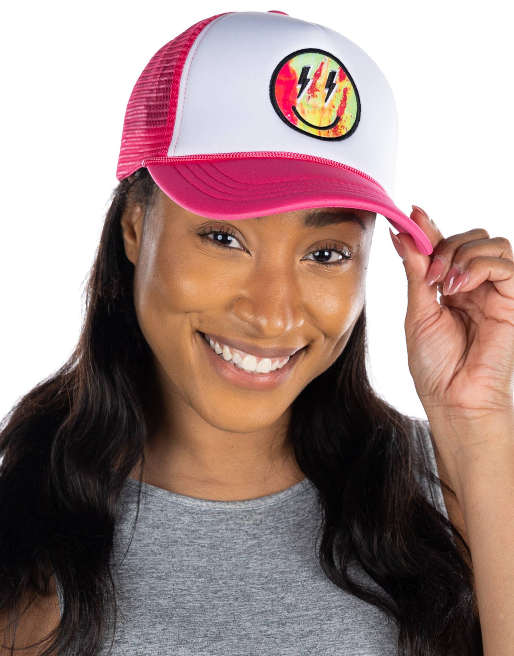 Foam Trucker Hat - Multicolor Smiley - Hot Pink/White