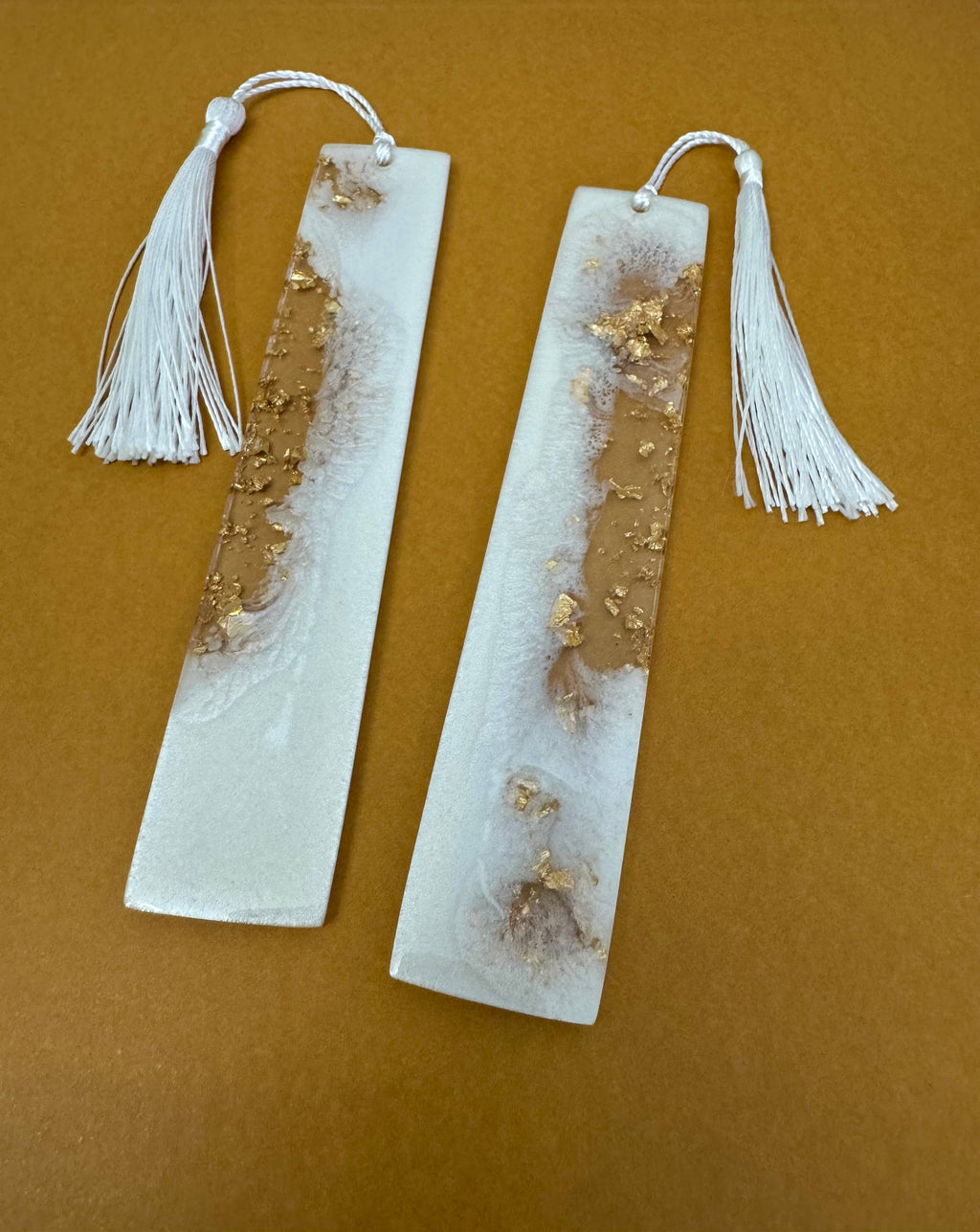 White and Gold Marble Resin Bookmark with White Tassel