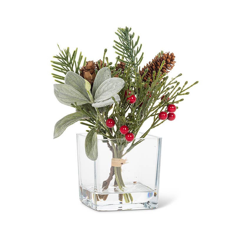 Pine Branch Greenery in Square Vase-7"H