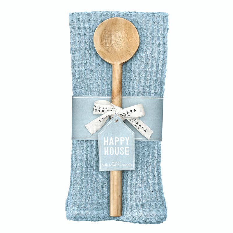Waffle Weave Dish Towels + Spoon Set - Ocean Blue: Each Towel: 18" W x 28" H, Spoon: 13" L