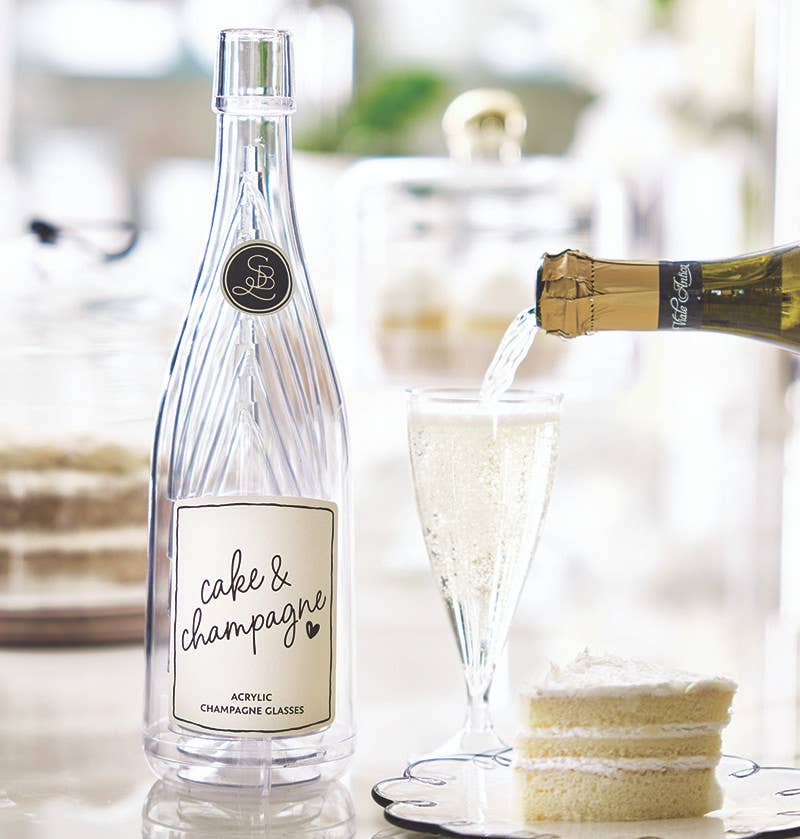 Acrylic Champagne in Bottle + Glasses - Cake and Champagne: Bottle: 11.5" H x 3.25" Dia ,  Wine Glass: 6" H ,  6oz