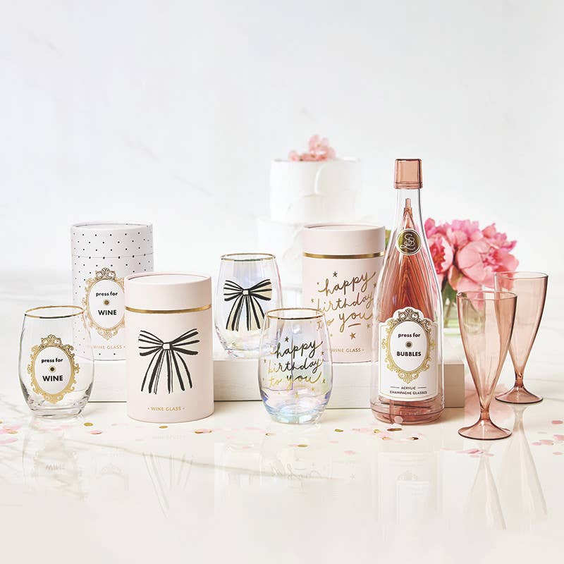 Acrylic Champagne Bottle + Glasses - Press For Bubbles: Bottle: 11.5" H x 3.25" Dia, Champagne Glass: 6" H, 6oz