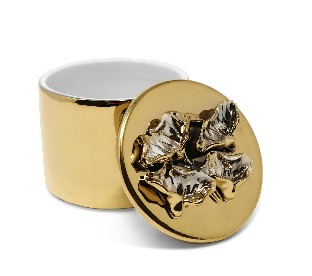 Round Gold Decorative Box With Flower Design Lid: Center Flower