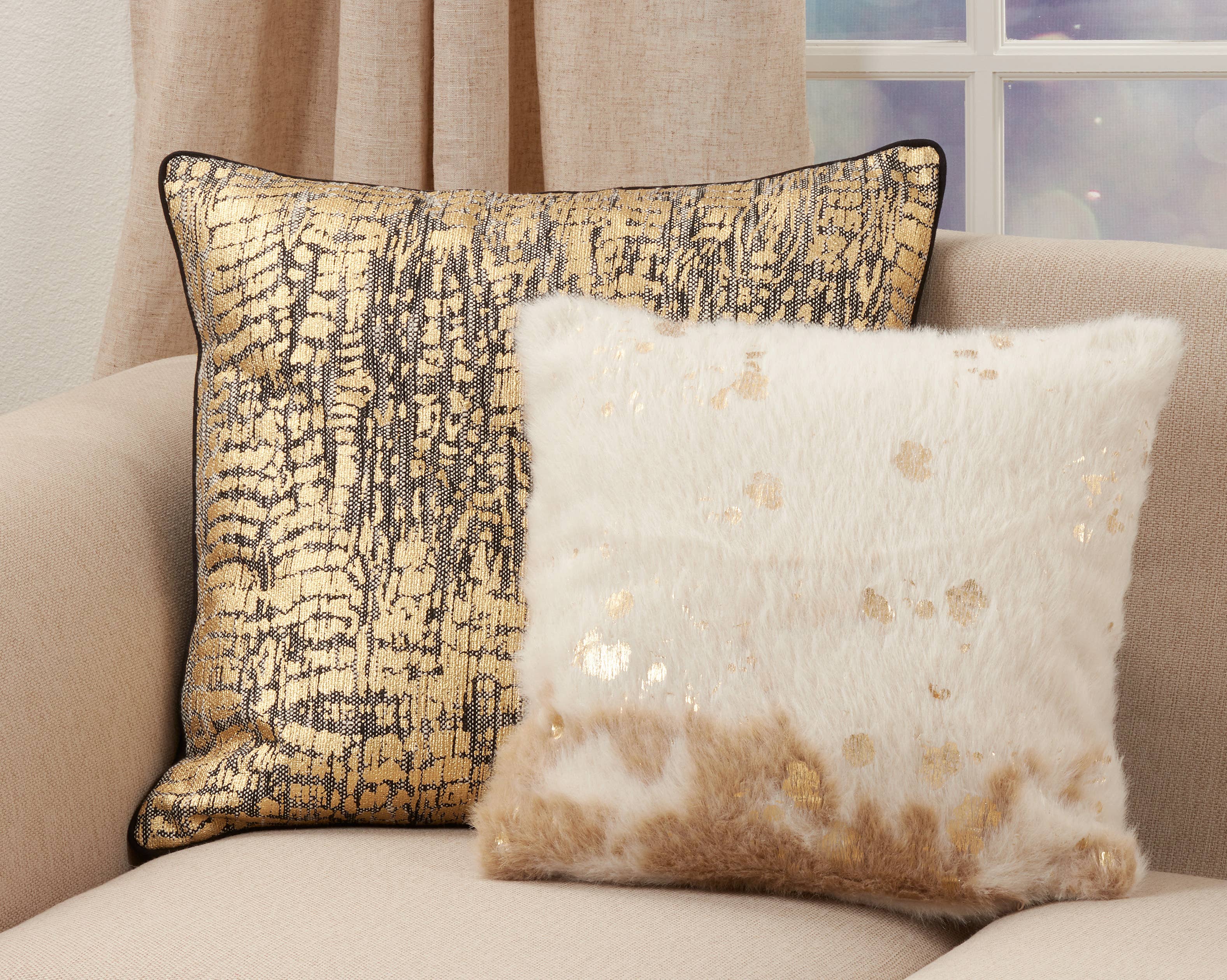 Foil Print Faux Cow Hide Pillow - Poly Filled: Ivory / Polyester Insert / 18"