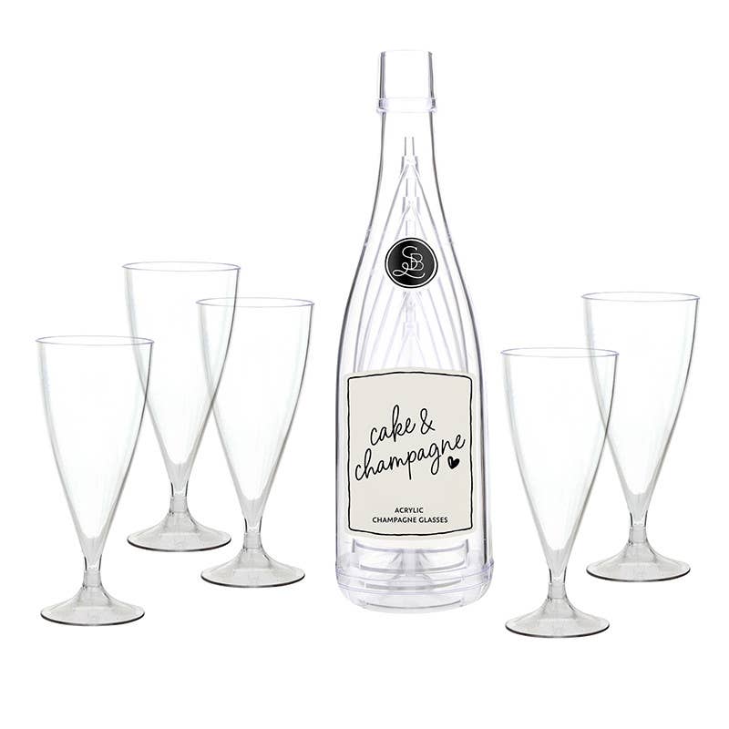 Acrylic Champagne in Bottle + Glasses - Cake and Champagne: Bottle: 11.5" H x 3.25" Dia ,  Wine Glass: 6" H ,  6oz