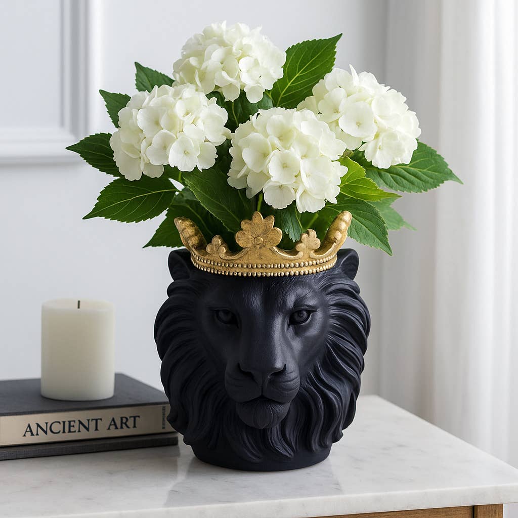 Resin Regal Lion Head Planter with Crown - Black, 9 in.