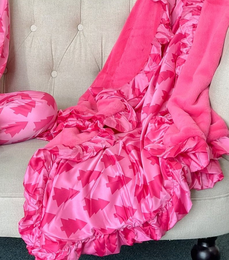 Dreaming of A Pink Christmas Satin Ruffle Blanket